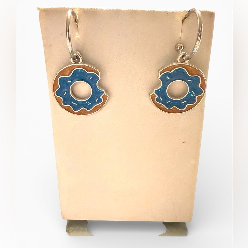 Donut Charm Hoop Earrings – Blue & Tan Enamel, Playful Statement Style
